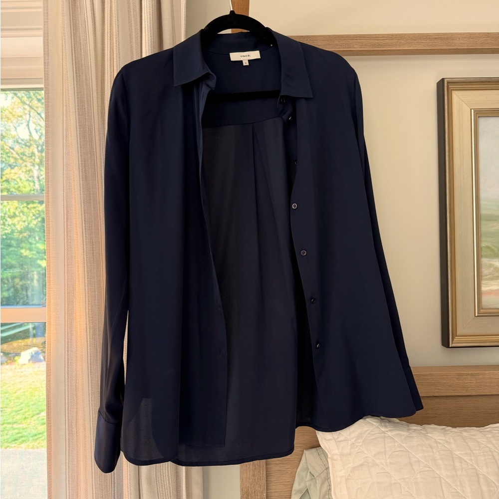 Vince Midnight Blue Silk Collared Shirt Size Medium